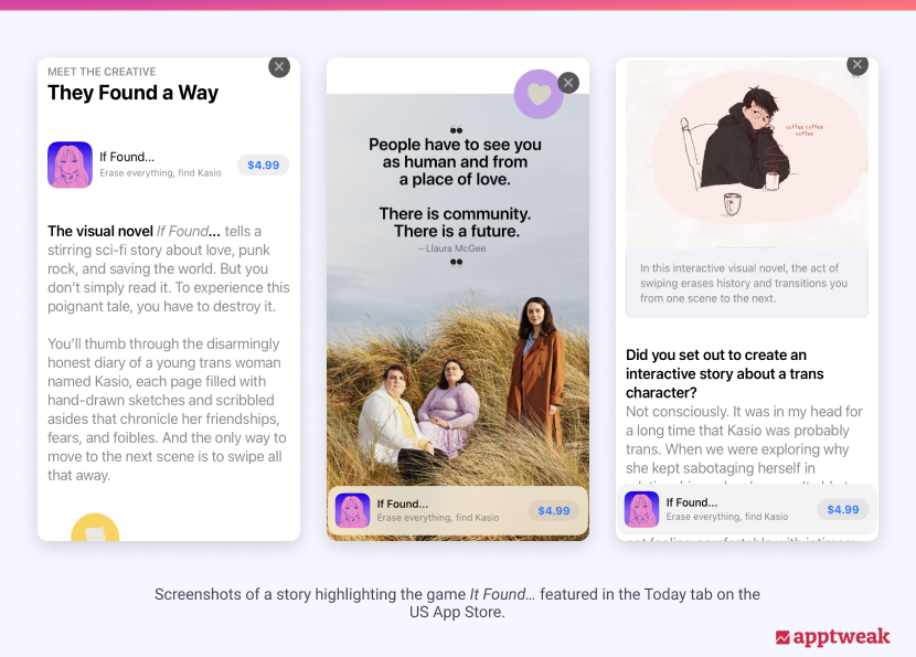 Screenshots of a story highlighting the game It Found… featured in the Today tab on the US App Store.